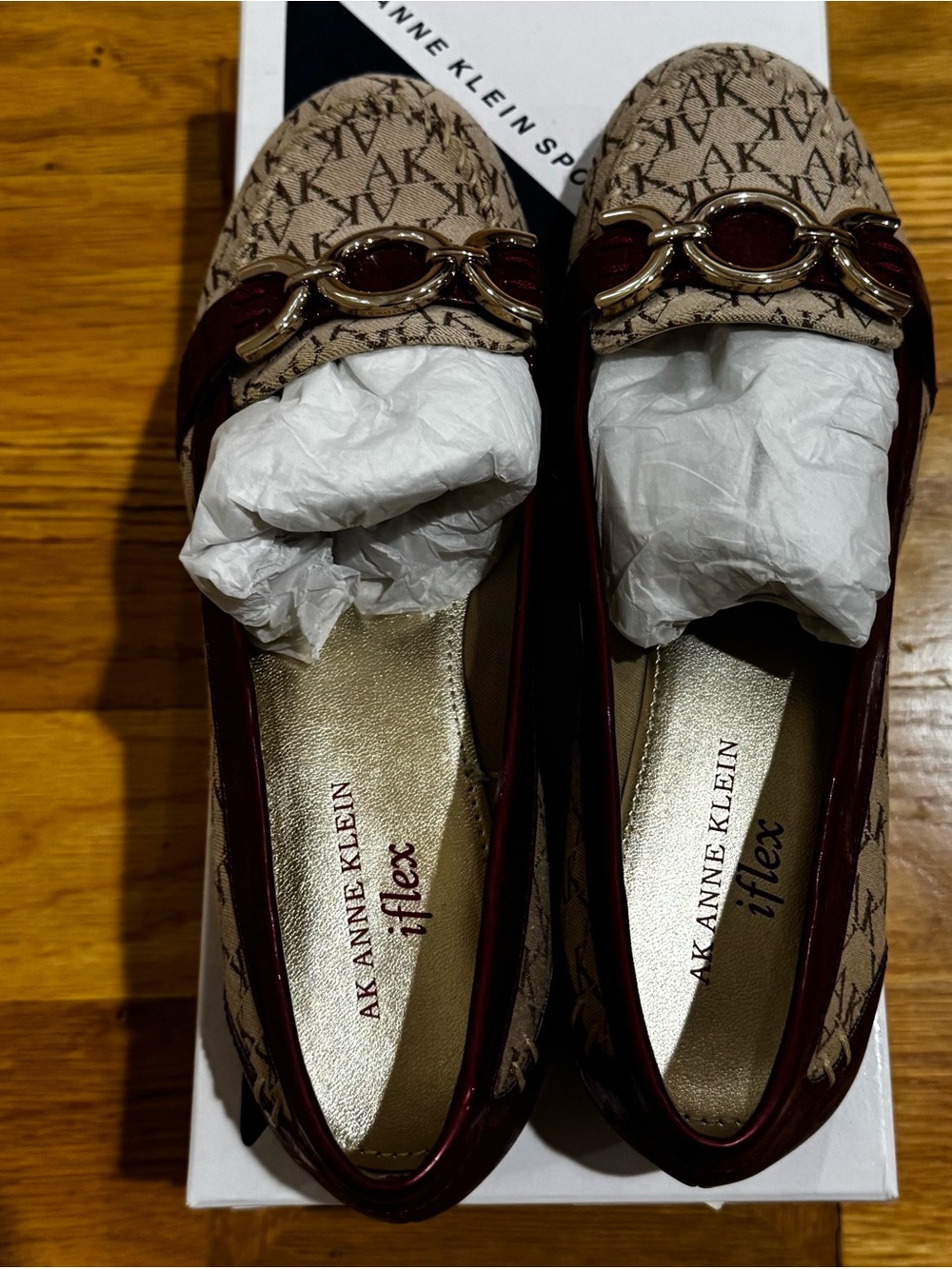 Anne Klein Burgundy and Beige Logo Loafers with Gold Chain Detail, NIB